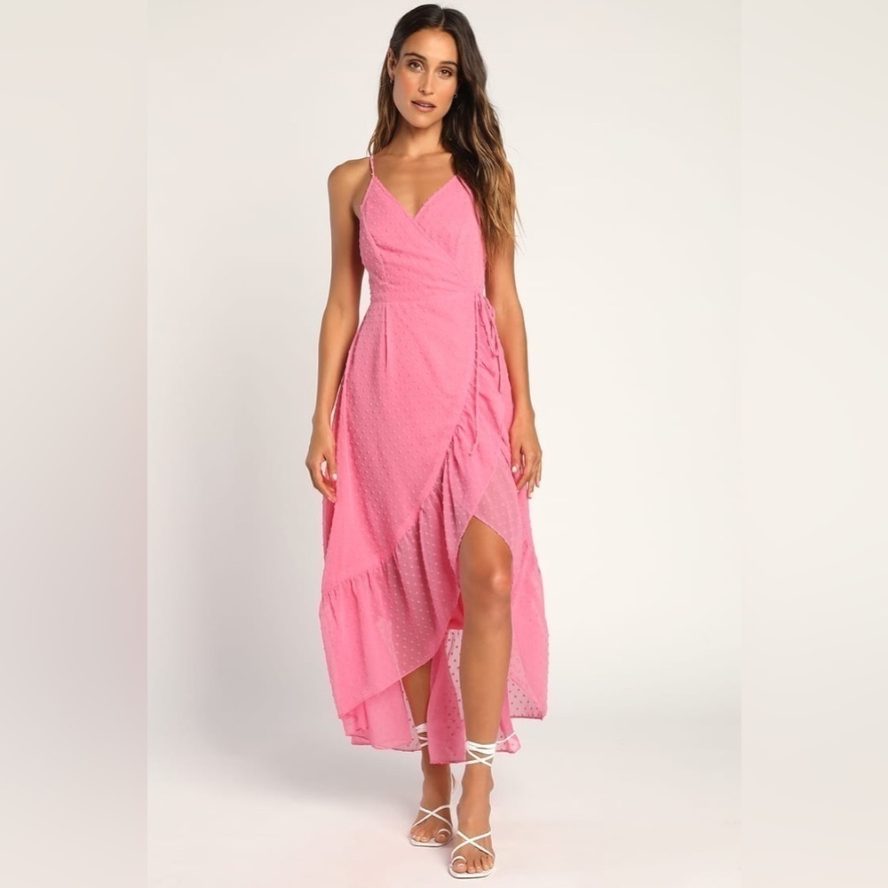 NWT Lulus Effortlessly Easy Swiss Dot High-Low Midi Wrap Dress in Pink Medium